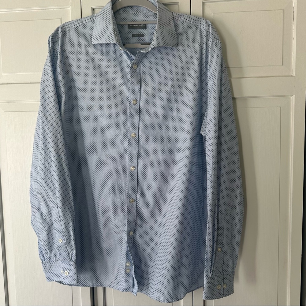 Men's Michael Kors Men’s Button Up Dress Shirt Blue Print XL 17 34/35 Slim Fit
